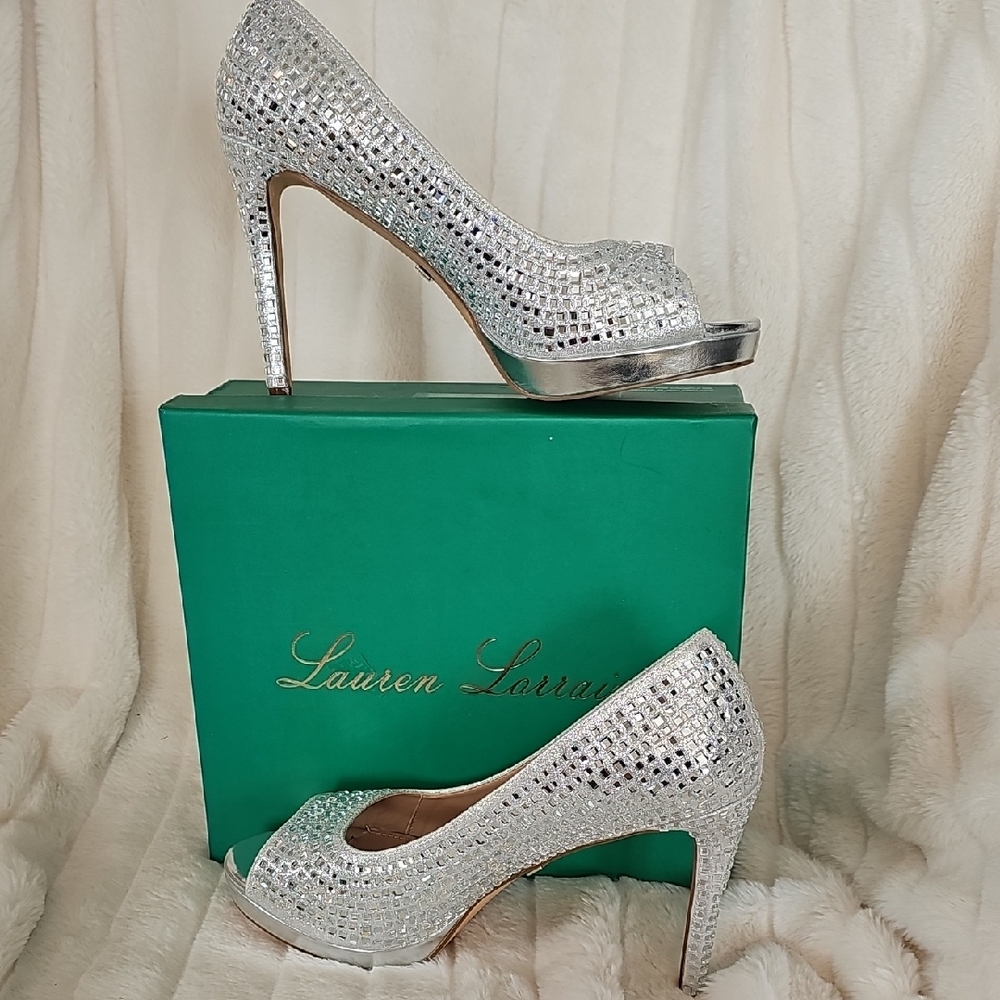 Lauren Lorraine Sparkling Silver Peep-Toe Heels